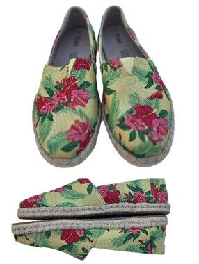 TOMS Alpargata Rope Espadrilles Yellow Hibiscus Floral Size 9 EUC